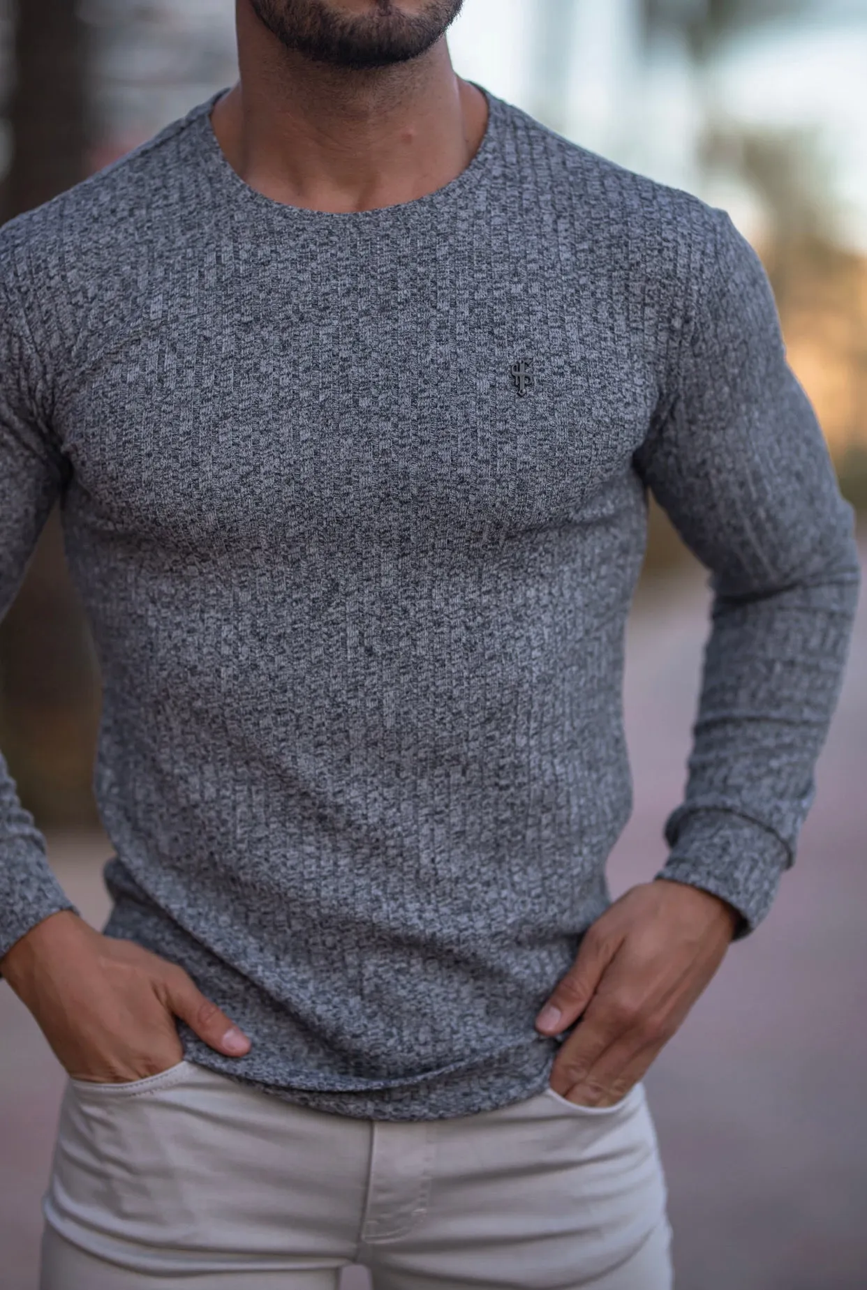 Father Sons Classic Grey / Black Decal Ribbed Knit Jumper - FSH537