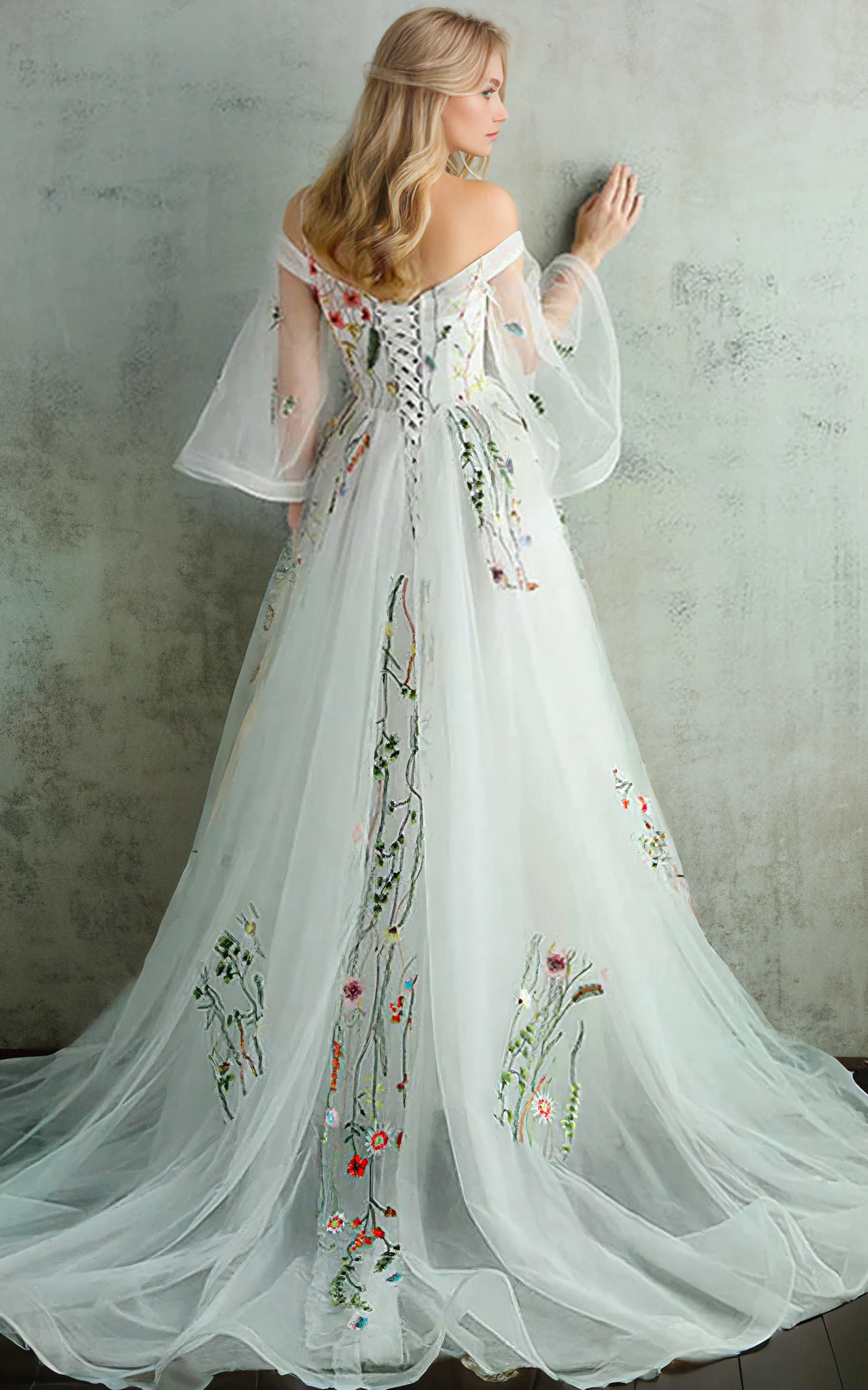 Floral Bell Sleeves A-Line Boho Lace Ballgown Wedding Dress Ethereal Princess Off-the-Shoulder Party Evening Gown