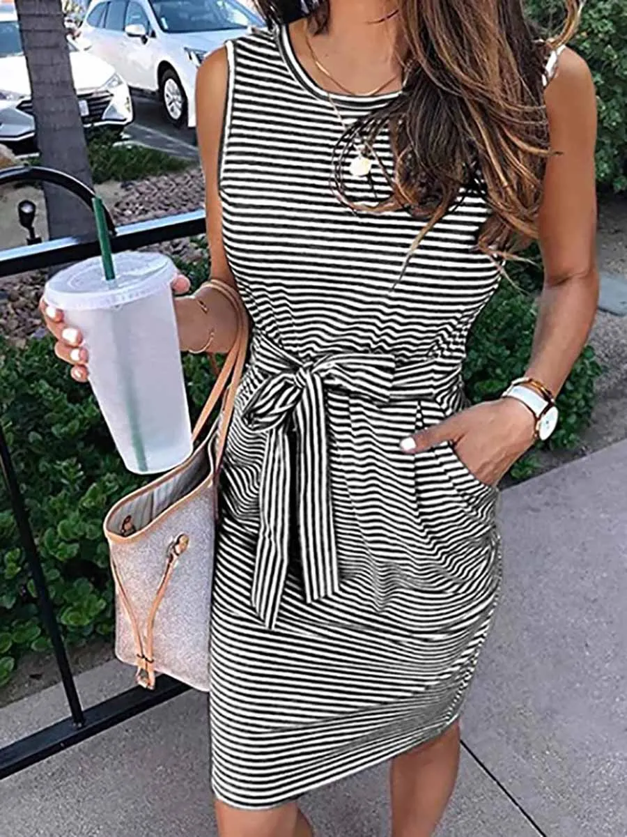 Stunncal Sleeveless striped lace-up dress (7 colors)